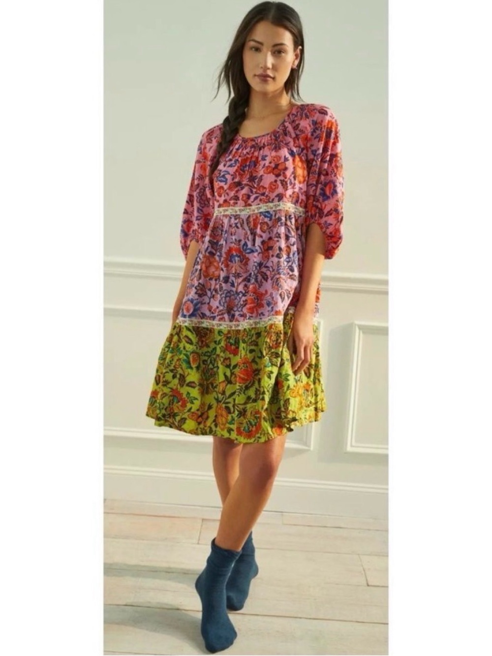 Anthropologie Mabel Mini Dress Tiered Floral Dress Womens Size Small Pink Purple